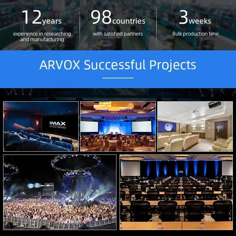 Arvox banner highlighting 12 years experience 98 countries served and 3 week production for 2025 music studio equipment master mixer consola audio dj mixer