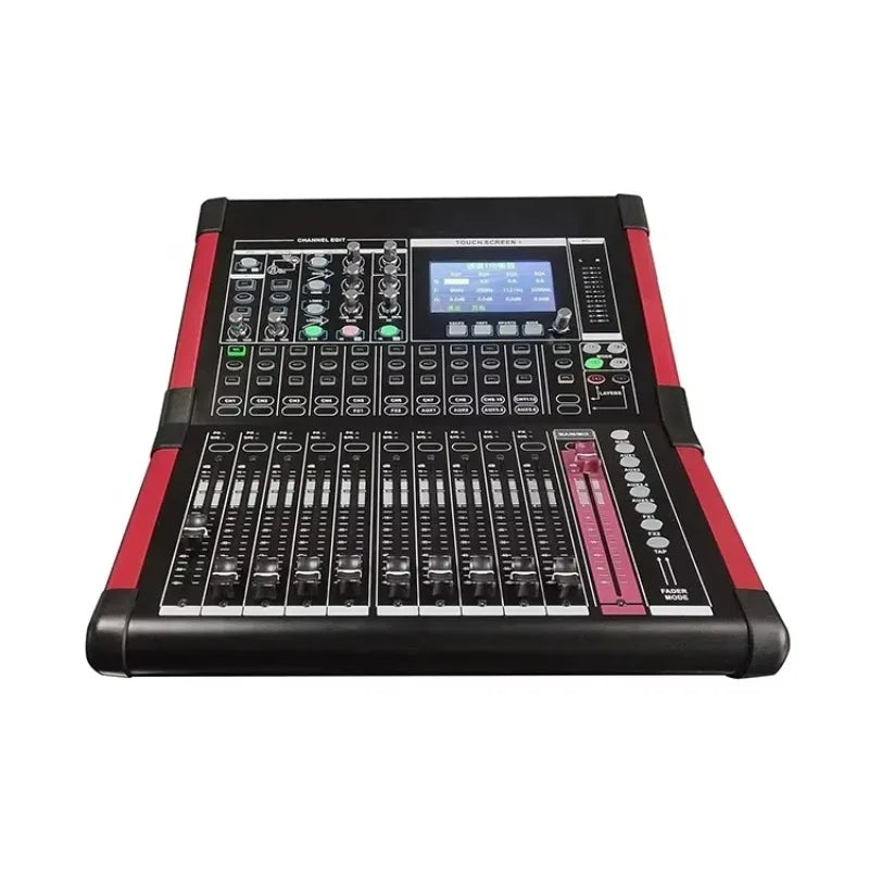 Black and red professional audio dj mixer with touchscreen and multiple faders in music studio equipment master mixer consola