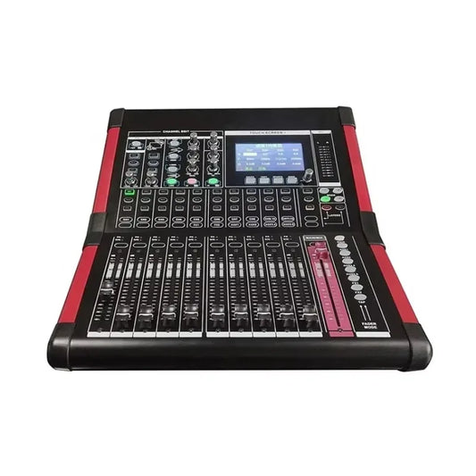 Black and red professional audio dj mixer with touchscreen, multiple faders, and knobs for recording studio equipment use