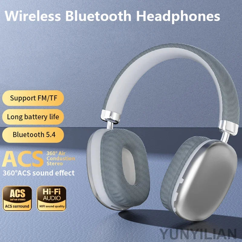 Silver and gray air max bluetooth over-ear wireless headset with mesh fabric and metallic accents for stereo surround gaming iphone xiaomi phone