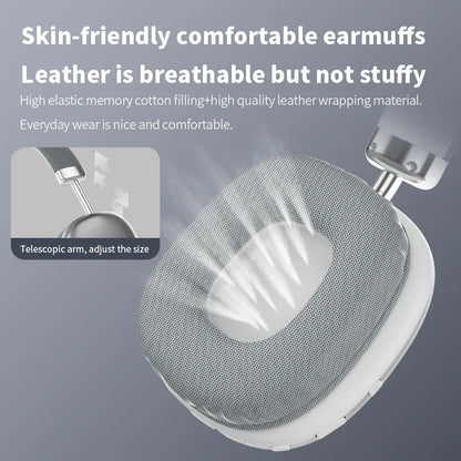 White leather-wrapped air max bluetooth earphone with breathable mesh and memory cotton for stereo surround gaming on iphone xiaomi phone