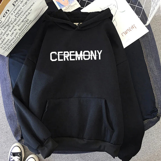 Black cotton album karma hoodie with bold white ceremony lettering ideal for hoodies autumn winter wear