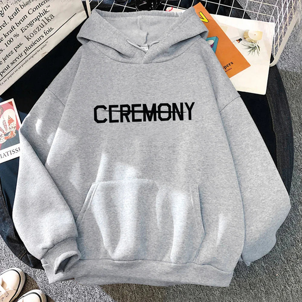 Gray hooded sweatshirt with bold black ceremony lettering, album karma hoodie ideal for hoodies autumn winter wear