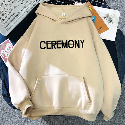 Beige hooded sweatshirt with bold black ceremony lettering, vintage album karma hoodie for hoodies autumn winter wear