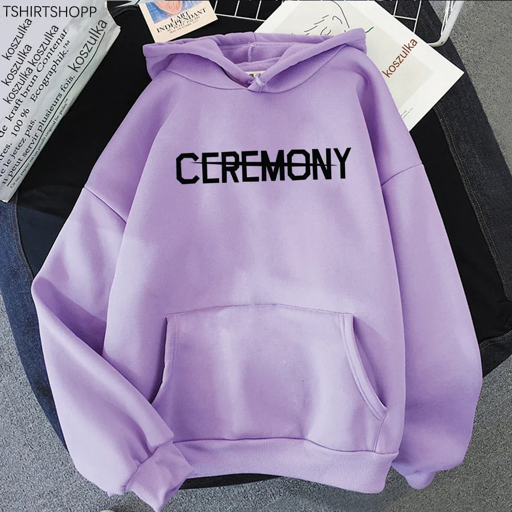A soft lavender album karma hoodie with bold black ceremony lettering, perfect for hoodies autumn winter wear
