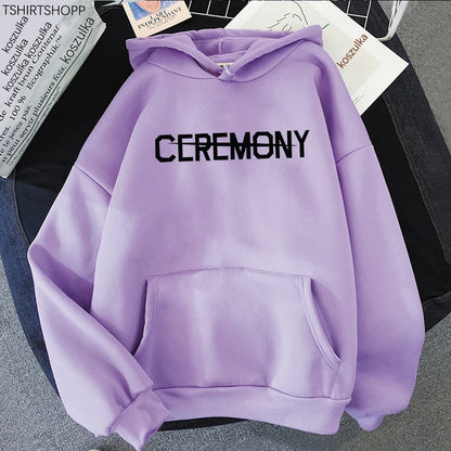 A soft lavender album karma hoodie with bold black ceremony lettering, perfect for hoodies autumn winter wear