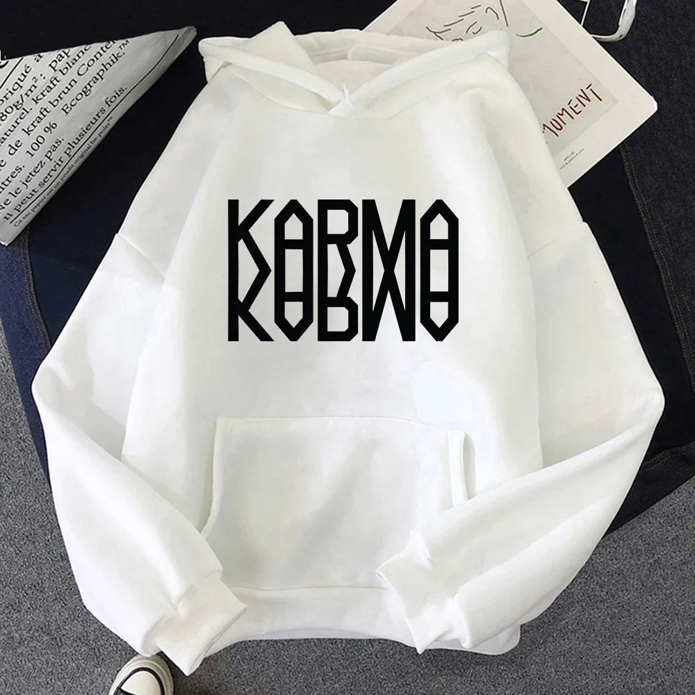 White album karma hoodie with bold black kobmo lettering ideal for hoodies autumn winter song ceremony retro style