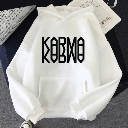 White album karma hoodie with bold black kobmo lettering ideal for hoodies autumn winter song ceremony retro style