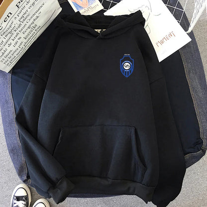 Black album karma hoodie with blue shield logo and front pocket perfect for hoodies autumn winter wear