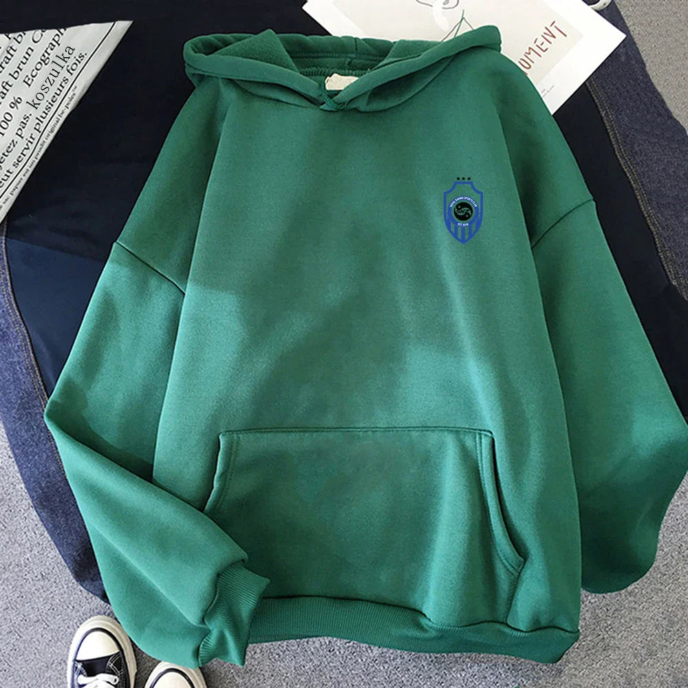 Green hooded sweatshirt featuring a blue shield-shaped logo and ribbed cuffs and hem for hoodies autumn winter wear
