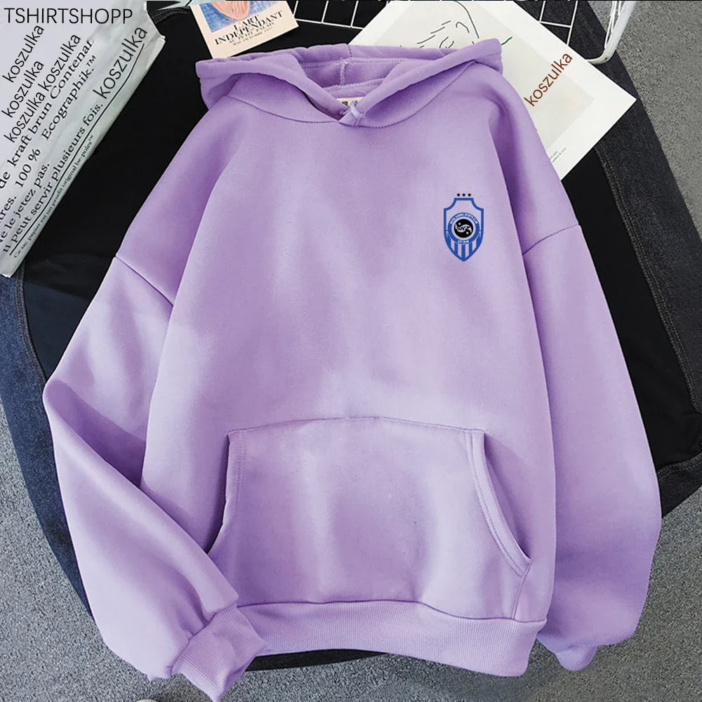 A soft lavender album karma hoodie with front pocket and blue shield logo perfect for hoodies autumn winter wear