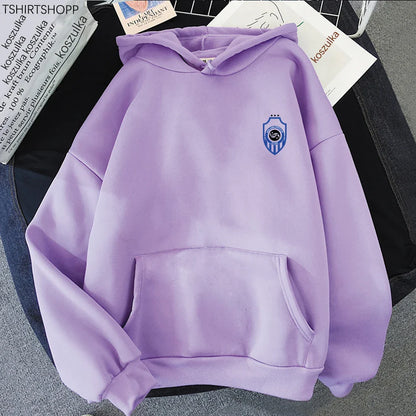 A soft lavender album karma hoodie with front pocket and blue shield logo perfect for hoodies autumn winter wear