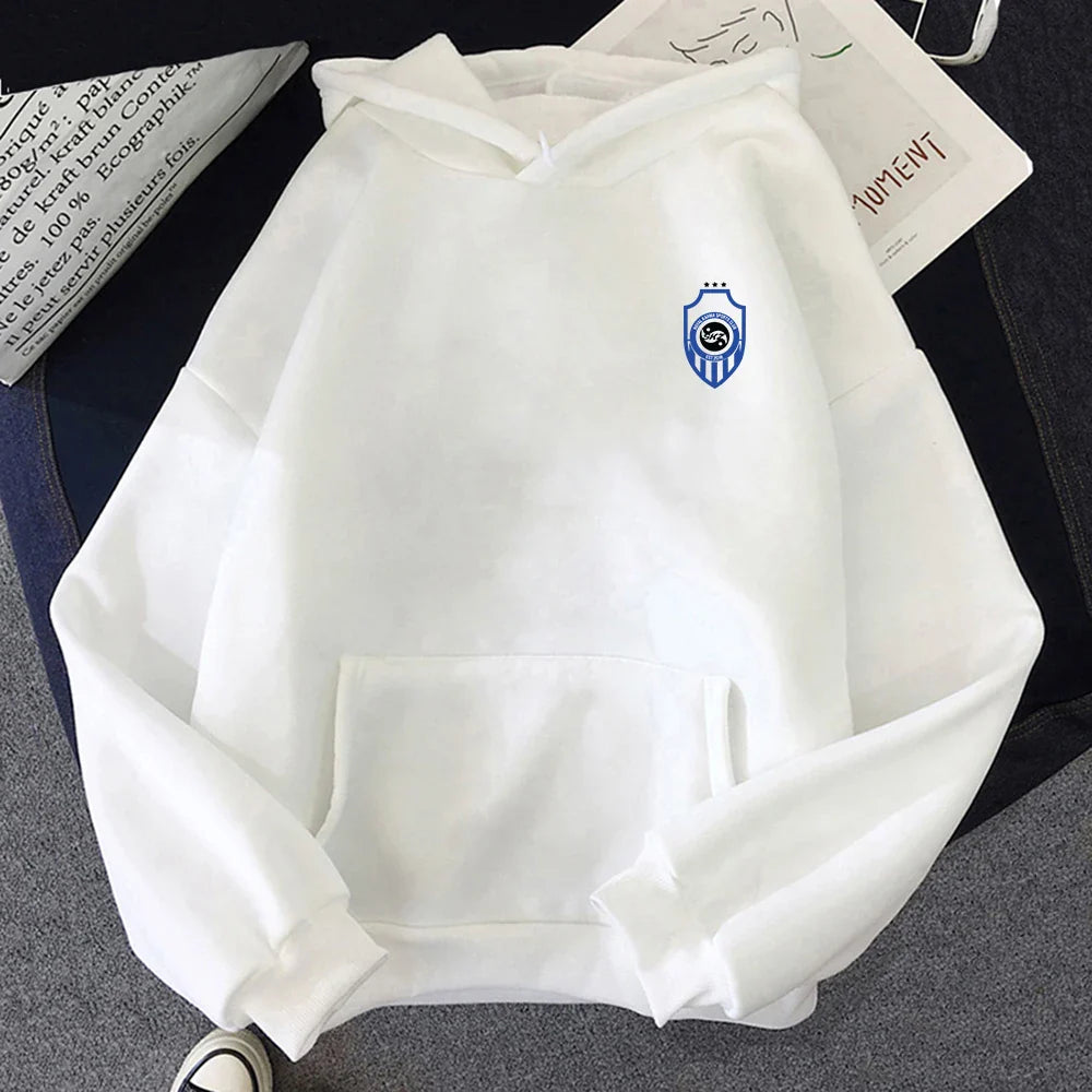 White cotton album karma hoodie with blue and white shield logo perfect for hoodies autumn winter wear