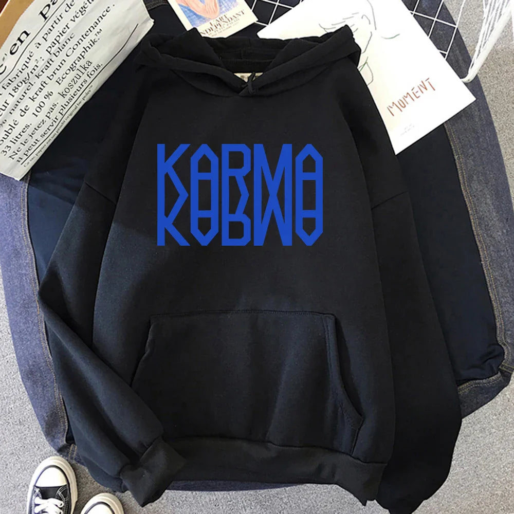 Black hoodie with bold blue kobmo lettering designed for album karma hoodie and hoodies autumn winter use