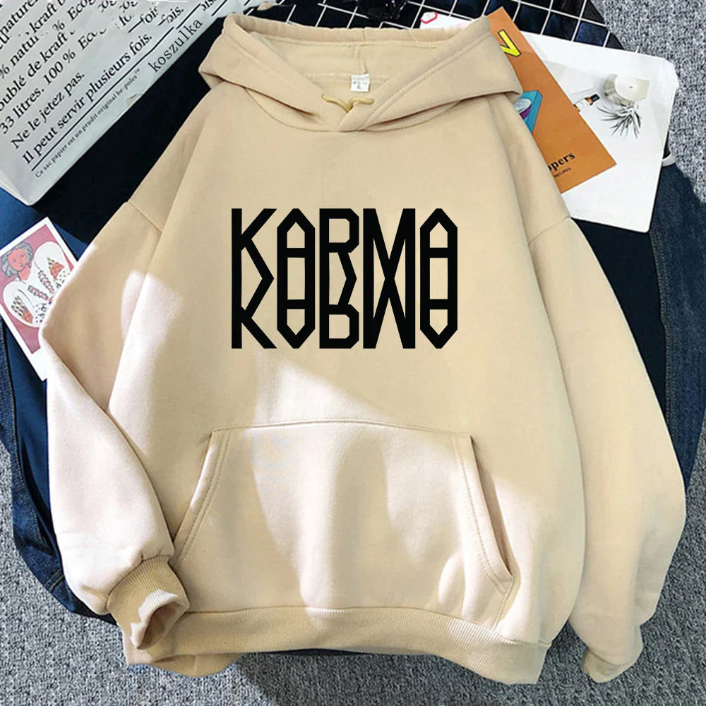 Beige album karma hoodie with bold black kobmo lettering, perfect for hoodies autumn winter song ceremony retro style