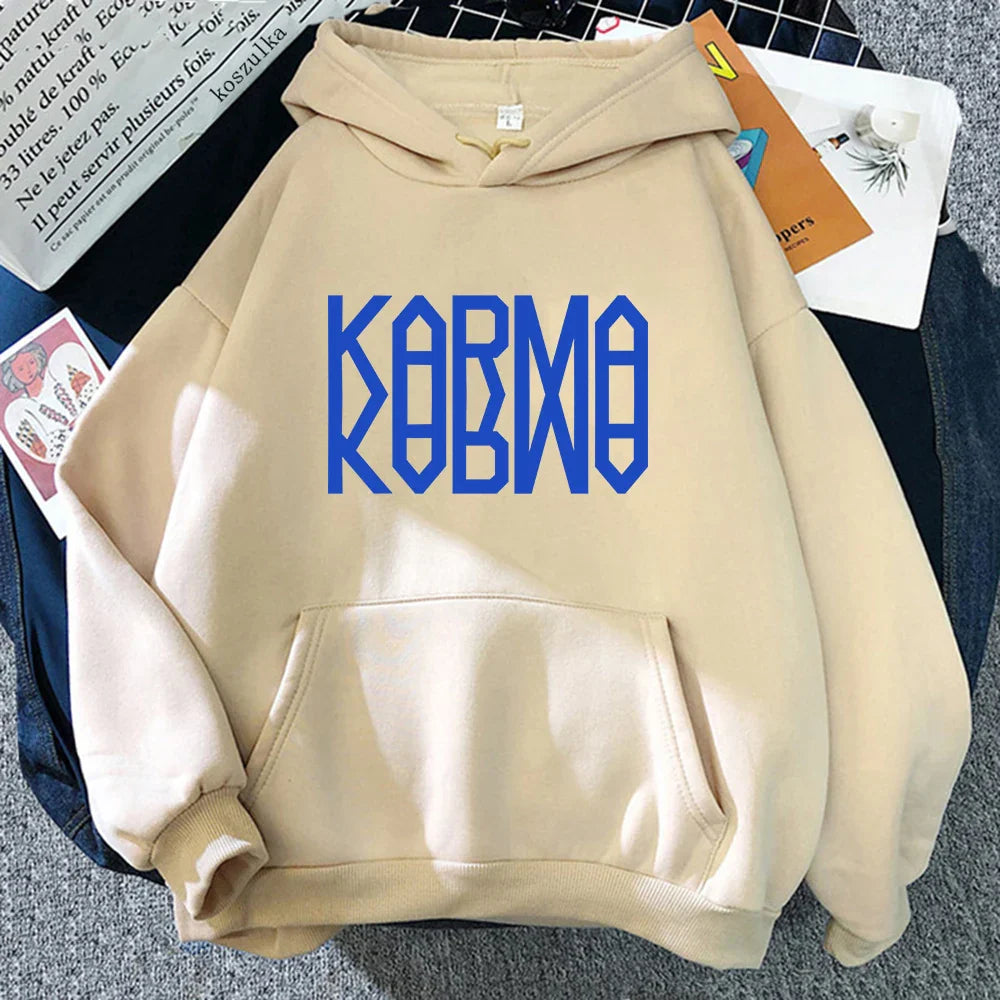 Beige album karma hoodie with bold blue kobmo lettering ideal for hoodies autumn winter and song ceremony retro styles