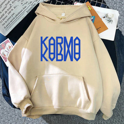Beige album karma hoodie with bold blue kobmo lettering ideal for hoodies autumn winter and song ceremony retro styles