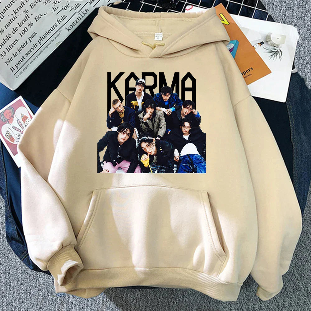 Beige album karma hoodie with bold black karma graphic and group photo, perfect hoodies autumn winter retro style