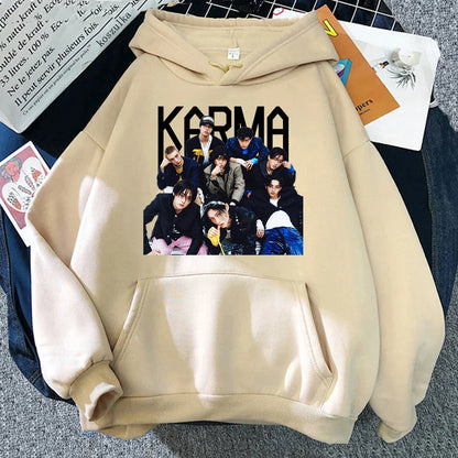 Beige album karma hoodie with bold black karma graphic and group photo, perfect hoodies autumn winter retro style