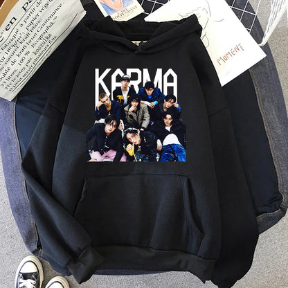 Black hoodie with bold white karma graphic and group photo of nine men vintage album karma hoodie for autumn winter use