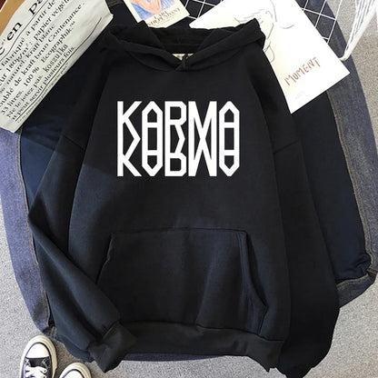Black hoodie with bold white kobmo lettering across the chest for album karma hoodie song ceremony retro hoodies autumn winter