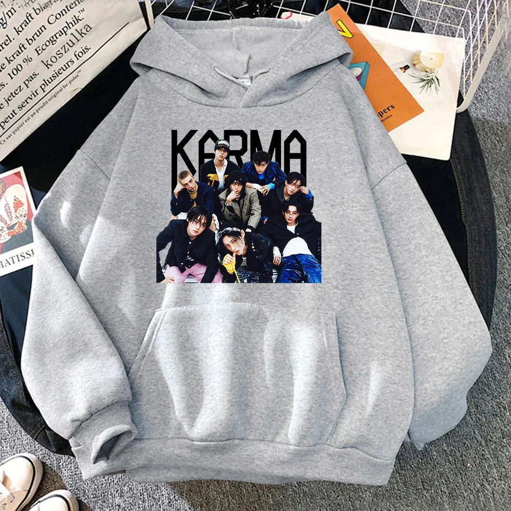 Gray hooded sweatshirt featuring enhypen photo and bold black karma text perfect for hoodies autumn winter wear