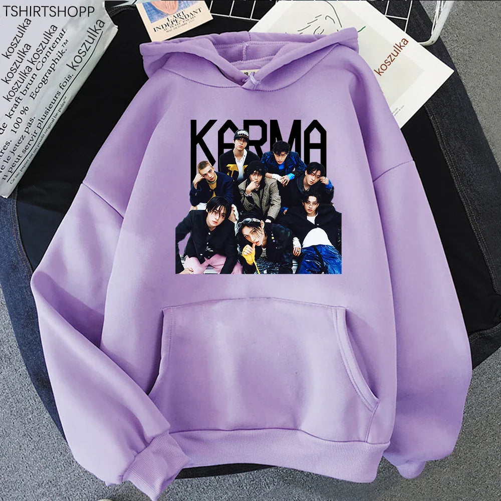 Lavender album karma hoodie featuring black karma graphic and group photo print for hoodies autumn winter wear