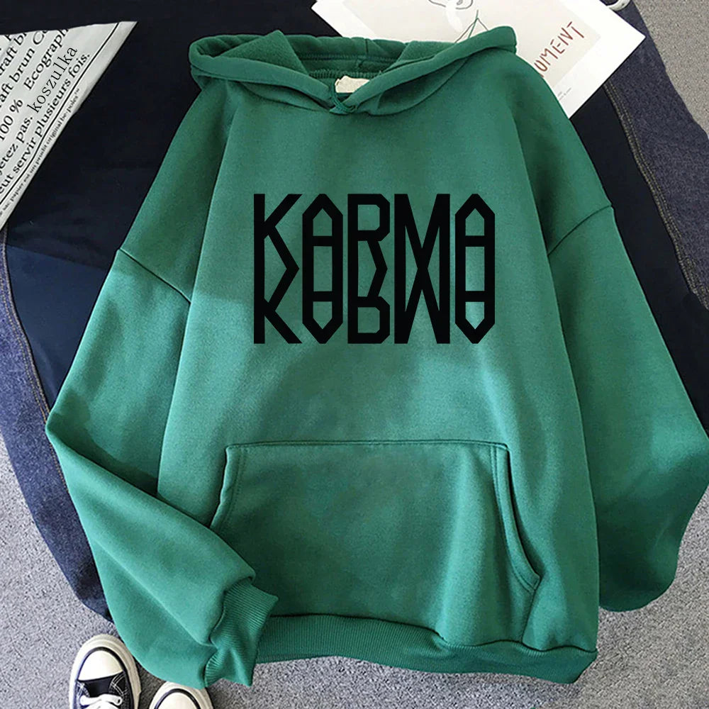A soft green album karma hoodie with bold black kormo graphic perfect for hoodies autumn winter and song ceremony retro style