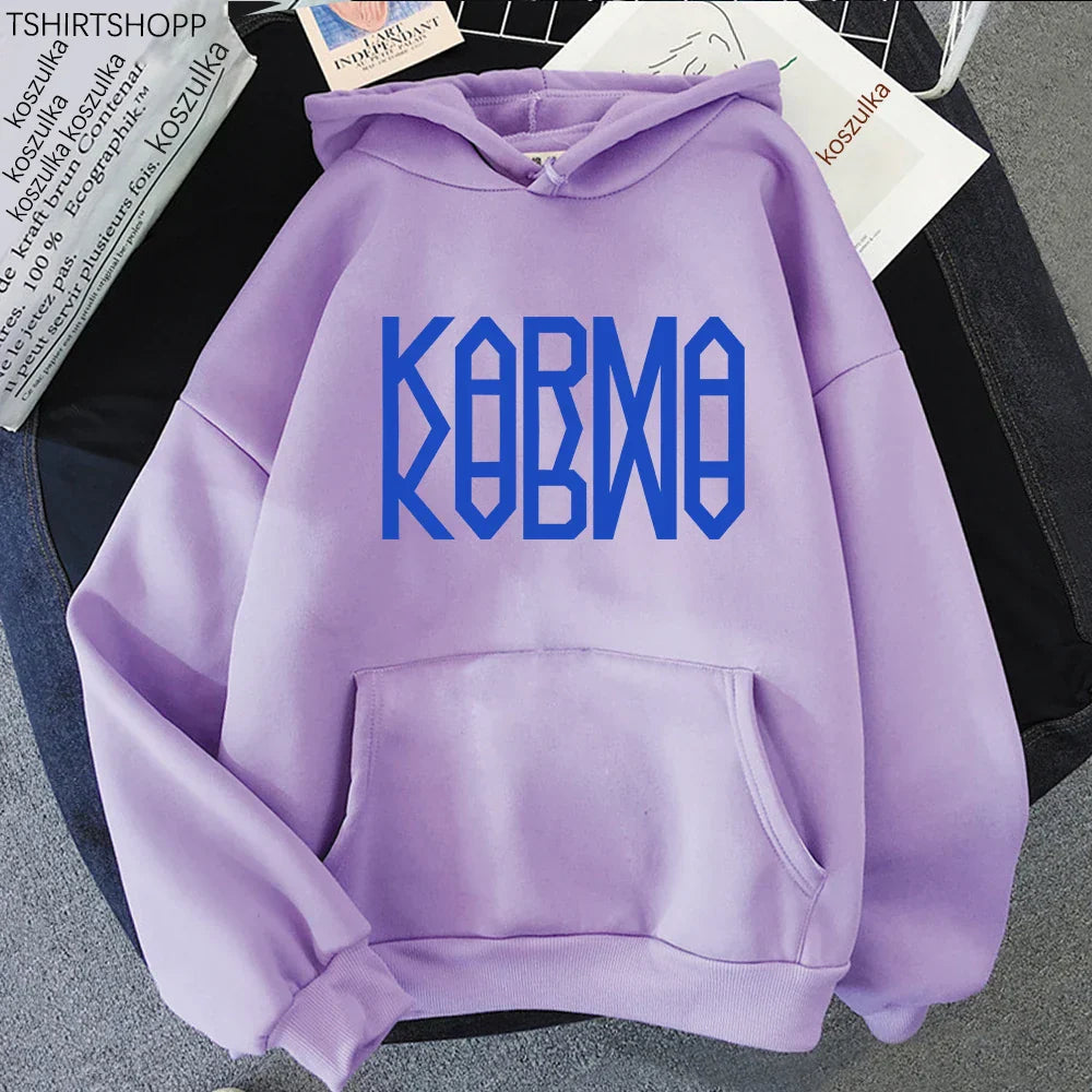 A soft lavender album karma hoodie with bold blue kobmo lettering perfect for hoodies autumn winter wear