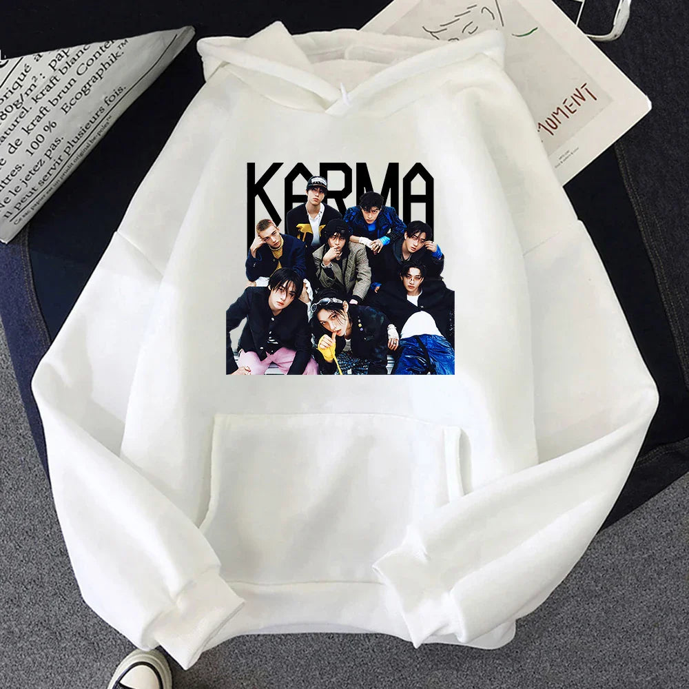 White album karma hoodie with bold black karma graphic and k-pop boy band photo for autumn winter wear