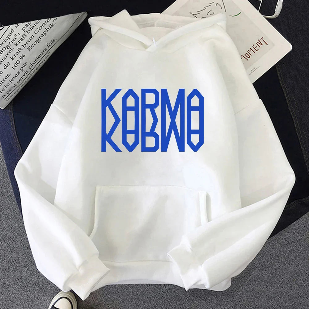 White hoodie with bold blue kobmo lettering ideal for album karma hoodie and song ceremony retro styles in hoodies autumn winter