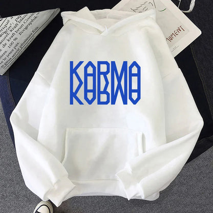 White hoodie with bold blue kobmo lettering ideal for album karma hoodie and song ceremony retro styles in hoodies autumn winter