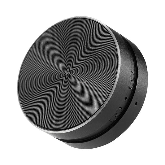 Black cylindrical 2025 new bone conduction speaker with textured grille and silver accent ring for wireless audio use