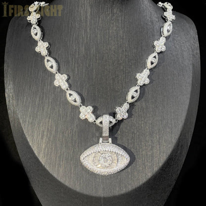Silver eye cross necklace with diamond-encrusted charm tennis chain featuring floral and oval links for hip hop jewelry