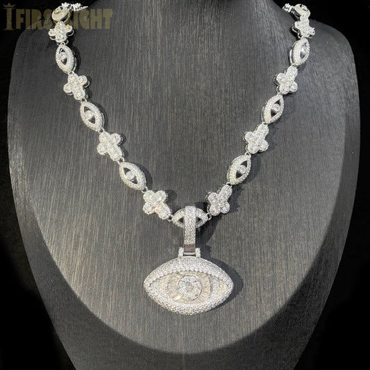 Silver eye cross necklace with diamond-encrusted charm tennis chain featuring floral and oval links for hip hop jewelry