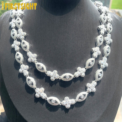 A double-strand silver eye cross necklace charm tennis chain with clear crystals for men and women hip hop jewelry