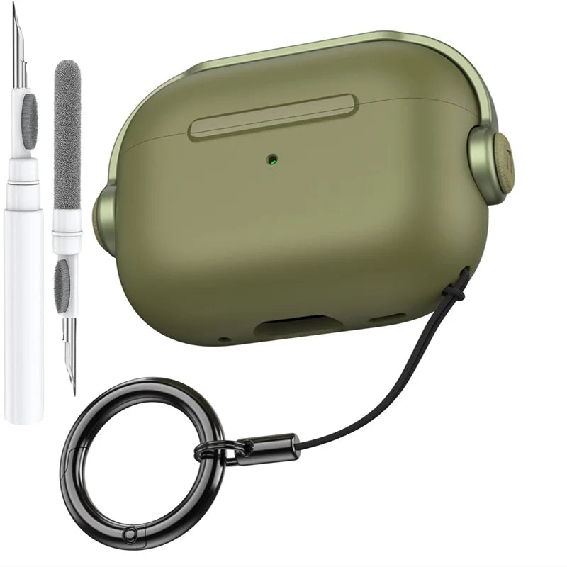 Olive green protective earphone protector cover for apple airpods pro with secure lock music and black keychain loop