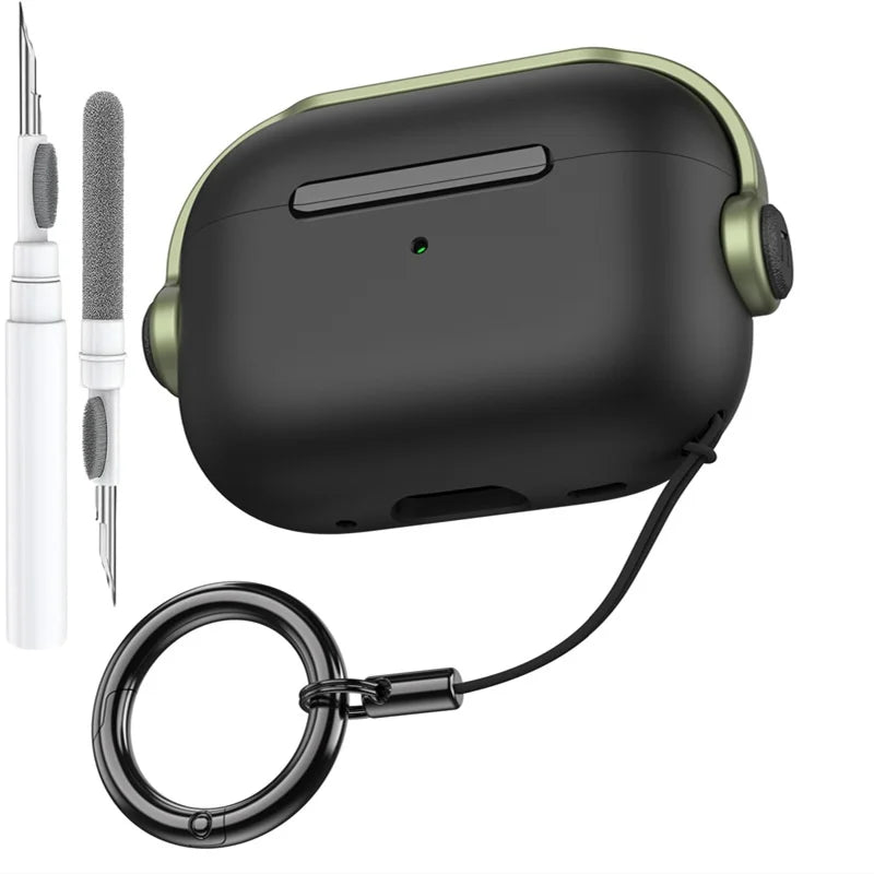 Black and olive green apple airpods pro 3rd gen case with secure lock music earphone protector cover and keychain attachment