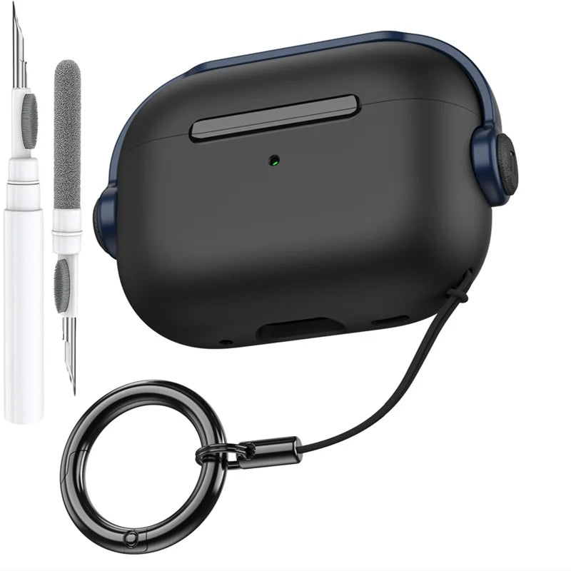 Black matte finish apple airpods pro 3rd gen secure lock music earphone protector cover with navy blue accents and keychain loop
