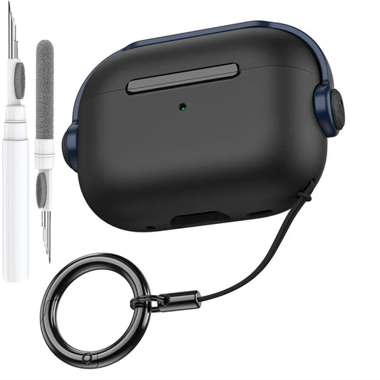 Black matte finish apple airpods pro 3rd gen secure lock music earphone protector cover with navy blue accents and keychain loop