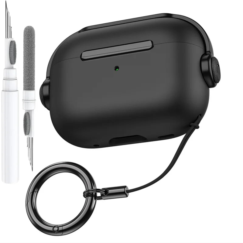Black silicone case for apple airpods pro with secure lock music feature and earphone protector cover with keychain attachment