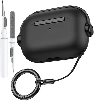 Black silicone case for apple airpods pro with secure lock music feature and earphone protector cover with keychain attachment