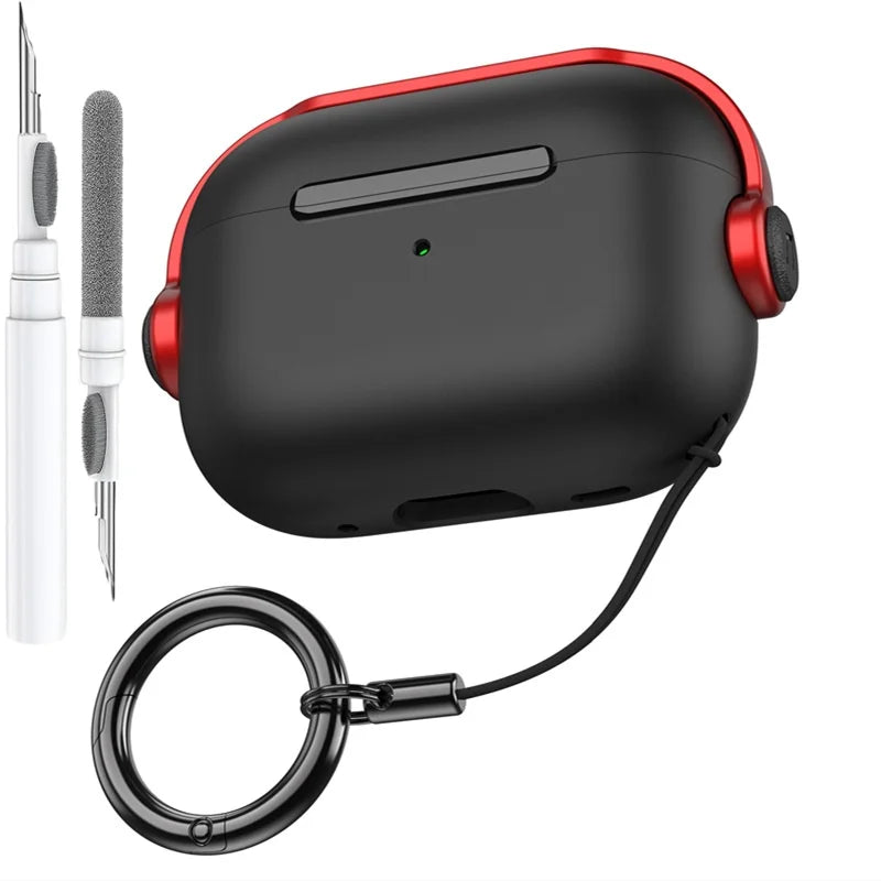 Black and red apple airpods pro 3rd gen case with secure lock music earphone protector cover and keychain attachment