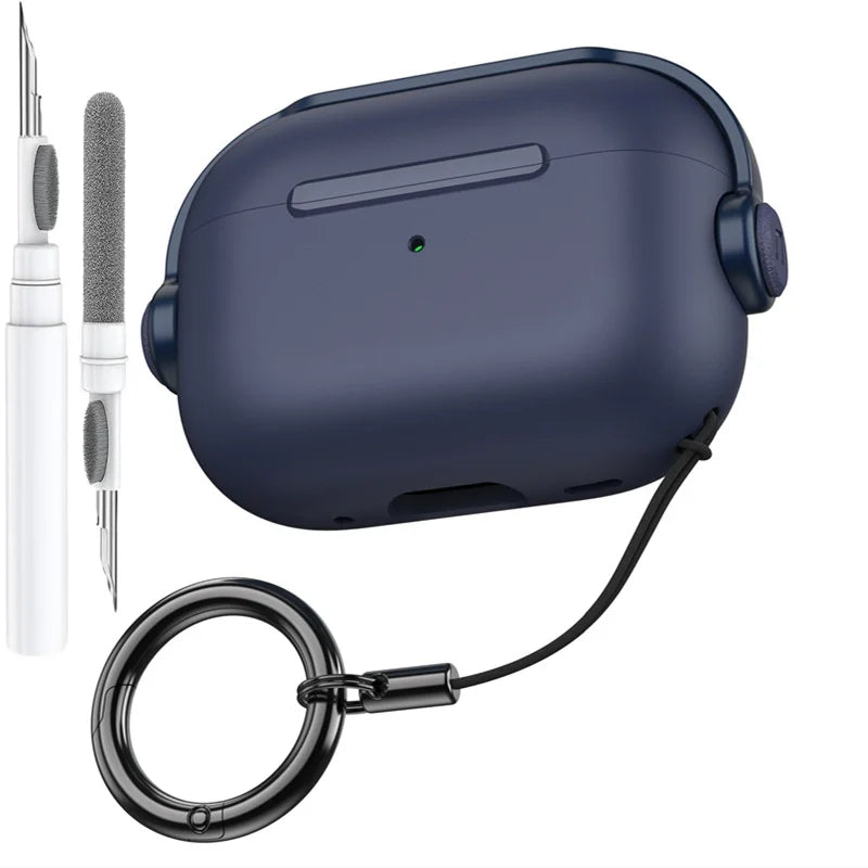 Navy blue silicone apple airpods pro 3rd gen case with secure lock music earphone protector cover and black keychain loop
