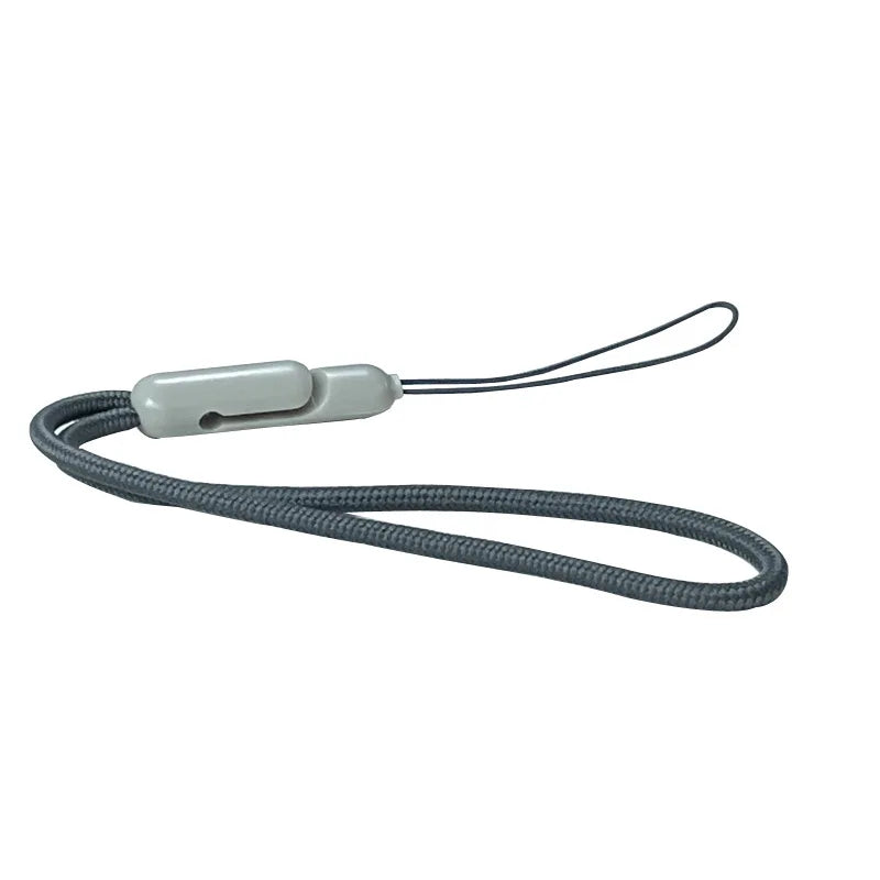 Gray braided wrist strap with light gray plastic clip for apple airpods secure lock music earphone protector cover