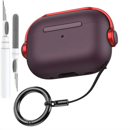 A sleek matte purple silicone apple airpods pro 3rd gen case with red accents secure lock music earphone protector cover