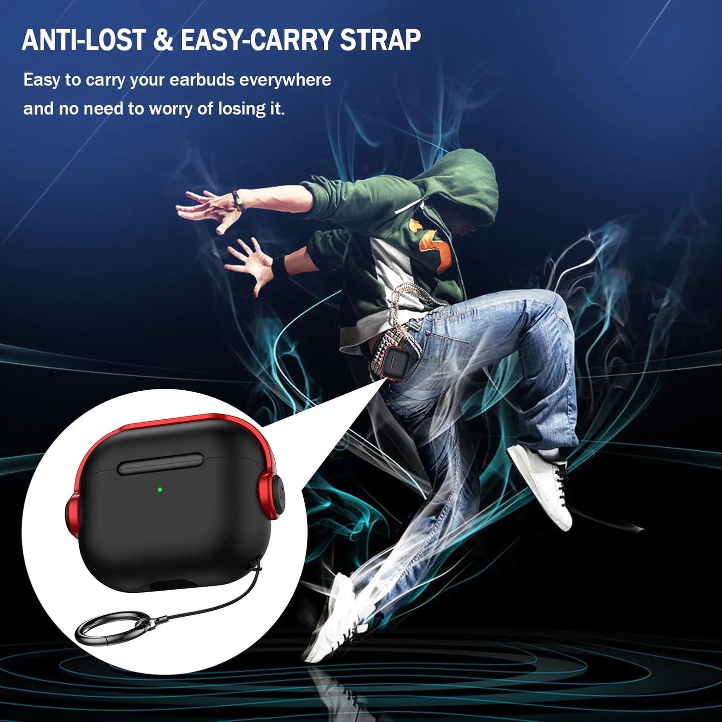 Black earbud case for apple airpods pro 3rd gen with red headphones design secure lock music earphone protector cover and strap