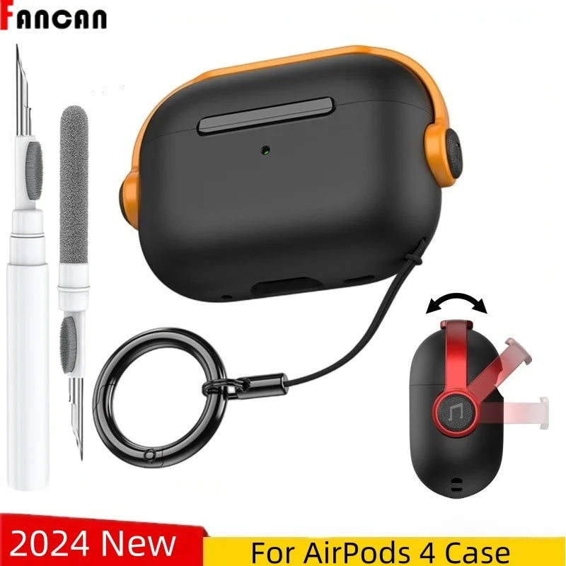Black and orange apple airpods 4 earphone protector cover with secure lock music feature and keychain attachment