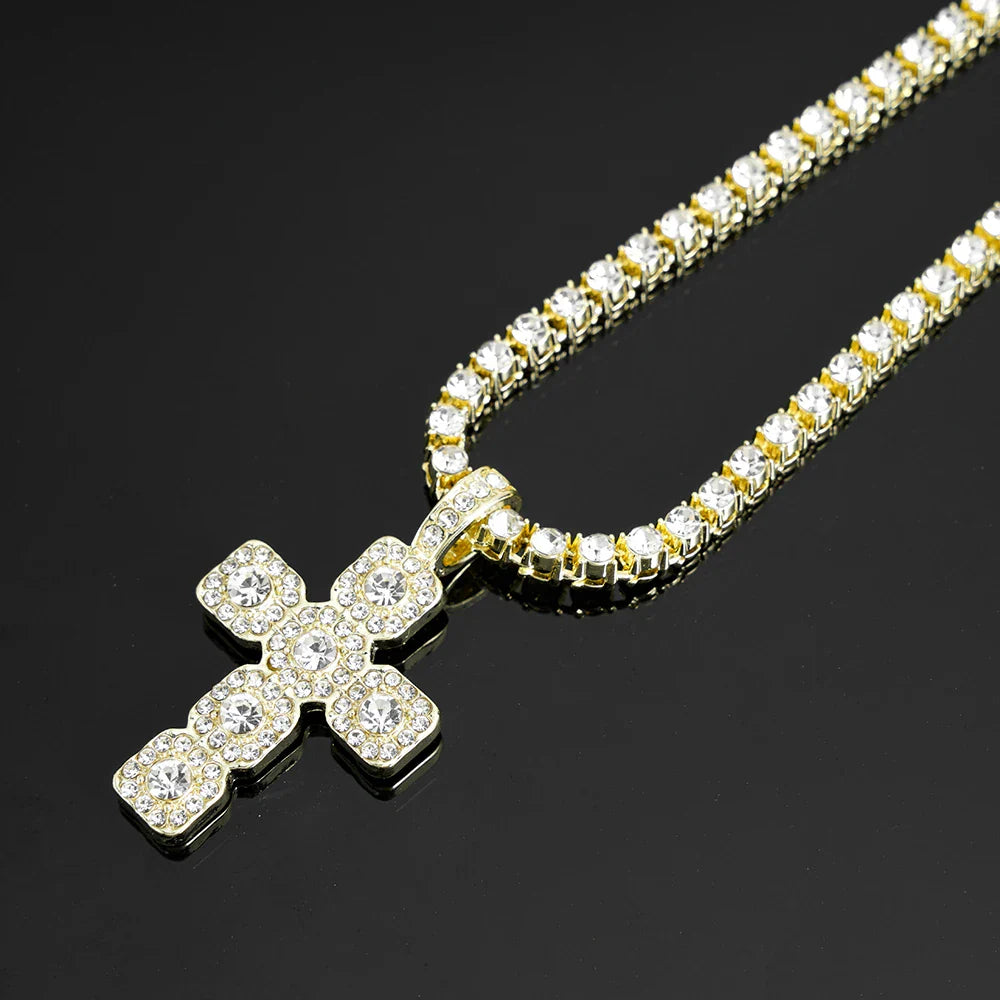 Gold-tone hip hop cross pendant necklace men with 4mm rhinestone tennis chain iced in clear cubic zirconia stones