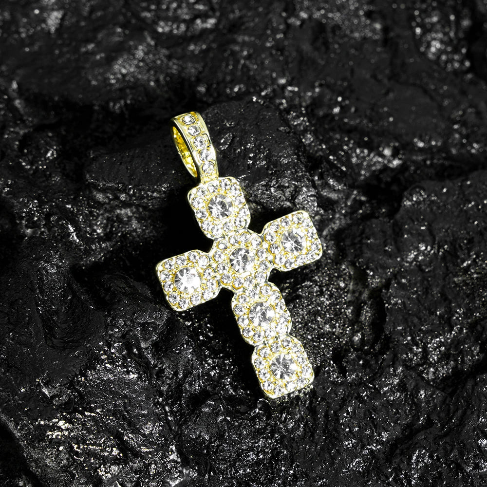 Gold-plated hip hop cross pendant necklace men with clear cubic zirconia stones and tennis chain iced design